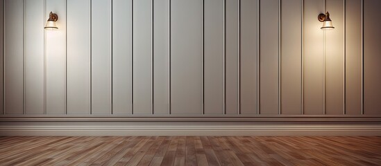 Poster - Spacious empty room with wooden floor and light-colored paneled wall featuring two sconces perfect for product display and ample copy space