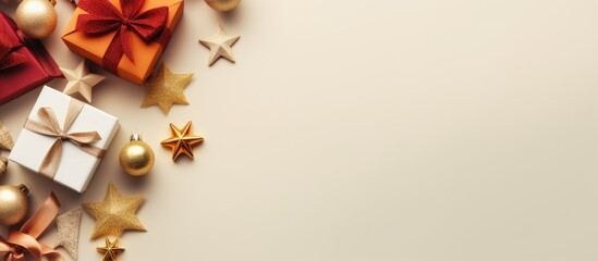 Poster - Festive arrangement of colorful gift boxes in orange and red, gold ornaments, and star decorations on a soft beige background, ideal for holiday themes.