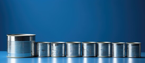 Poster - Blue background featuring a row of silver tin cans of fish arranged in a line from largest to smallest with ample copy space for text.