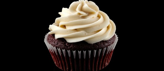 Poster - Chocolate cupcake with creamy vanilla frosting on a black background, showcasing rich brown and off-white tones, centered for a striking effect.