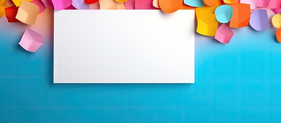 Aufkleber - Colorful sticky notes in pink, orange, and yellow scattered around a blank white sheet of paper on a blue background with ample copy space.