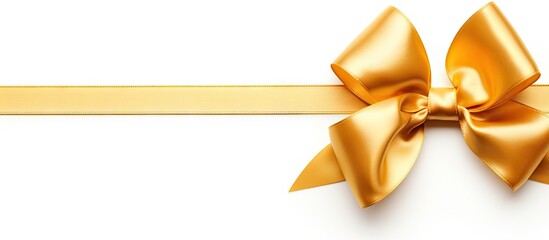 Poster - Elegant golden satin ribbon bow positioned left on a clean white background with ample copy space for text and decoration. Ideal for gift wrapping.