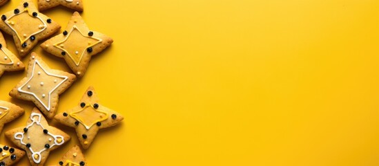 Poster - Bright yellow background featuring traditional hamantaschen cookies with chocolate filling arranged on the left side ideal for Purim decor and designs