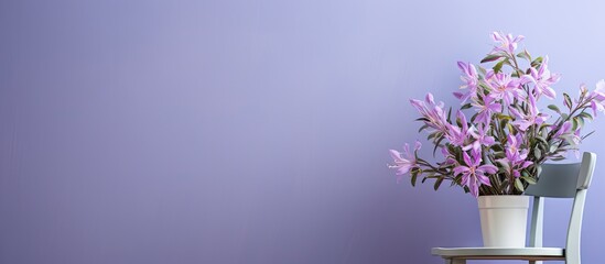 Poster - Chair beside a lilac wall with vases of alstroemeria flowers and plant branches arranged for a serene empty space on the right side