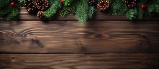 Poster - Christmas-themed wooden background featuring dark brown planks with green pine branches and pine cones decorated with red berries at the top.