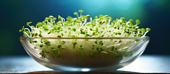 Poster - Fresh mung bean sprouts in a clear glass bowl on a wooden surface illuminated by soft blue light with a focus on vibrant green seedlings.