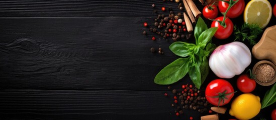 Poster - Fresh ingredients including tomatoes, ginger, and herbs arranged on a dark wooden surface with spices adding vibrant color and texture.
