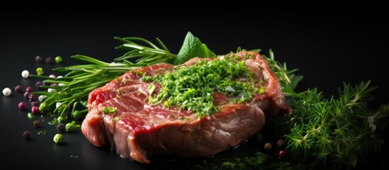 Poster - Fresh pork neck steak adorned with vibrant green onions and parsley, surrounded by assorted herbs on a dark background with copy space.