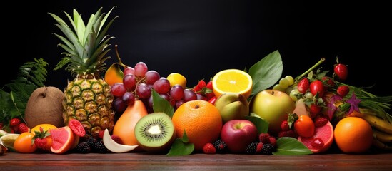 Poster - Colorful assortment of fresh fruits including pineapple, oranges, apples, and grapes arranged on a dark wooden surface with green leaves.