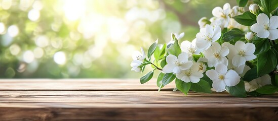Aufkleber - Blooming white flowers on a wooden table, softly illuminated by warm sunlight with a blurred green background, creating a serene and fresh atmosphere.