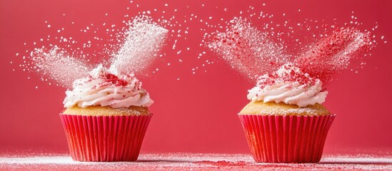 Poster - Pastel themed celebration cupcakes with red and white icing on pink background featuring two beautifully decorated vanilla cupcakes sprinkled with powder