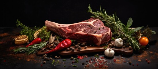 Aufkleber - Raw beef rib steak on a dark wooden board with green herbs red chili peppers and garlic against a black background creating a rustic culinary vibe
