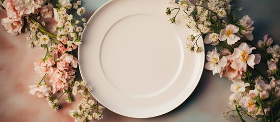 Poster - Spring flat lay with vintage white plate center surrounded by soft pink and white flowers on a pastel backdrop, perfect for copy space.