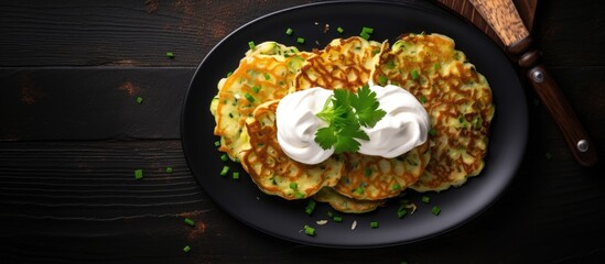 Aufkleber - Top view of golden zucchini and potato pancakes on a dark plate topped with sour cream and garnished with green herbs on a rustic table