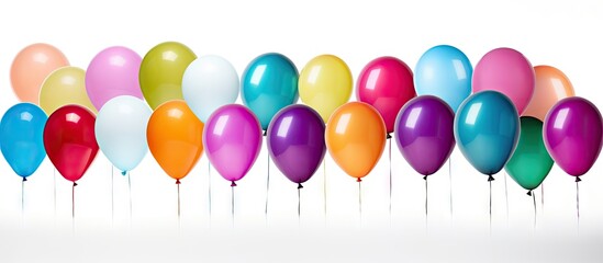 A colorful collection of shiny balloons in pink, orange, purple, green, and blue arranged on a bright white background ideal for overlays.