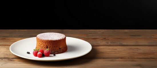 Poster - Inviting Christmas cake on a white plate with fresh raspberries against a dark background; warm wooden table complements festive presentation.