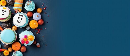 Poster - Halloween themed ghost cupcakes creatively arranged with vibrant candies on a deep blue surface with ample copy space for text or design elements