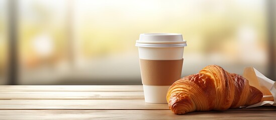 Poster - A warm paper coffee cup with a light brown sleeve positioned on a white wooden table next to a flaky croissant with ample negative space for text.
