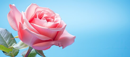 Poster - Close up view of a delicate pink rose positioned on the left against a soft blue background providing ample copy space for text insertion