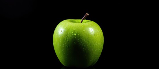 Poster - Fresh green apple with dew drops centered on a black background creating strong contrast and ample space for text placement on the right side.