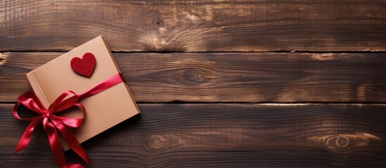 Poster - Heart-shaped ribbon on a brown gift box with a red bow on a textured dark wooden background showcasing a romantic gift theme.