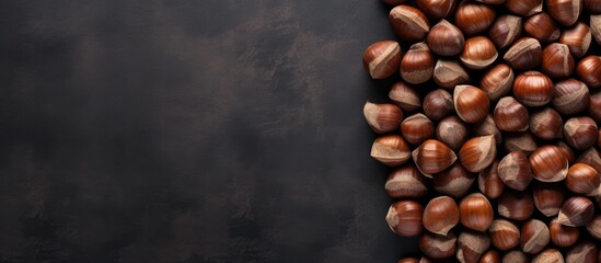Poster - Hazelnuts in a cluster on the left side of a textured black stone background creating a clean space for text or design elements.
