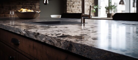 Poster - Elegant granite countertop with subtle gray and white veining, positioned prominently against a modern kitchen backdrop featuring natural light.