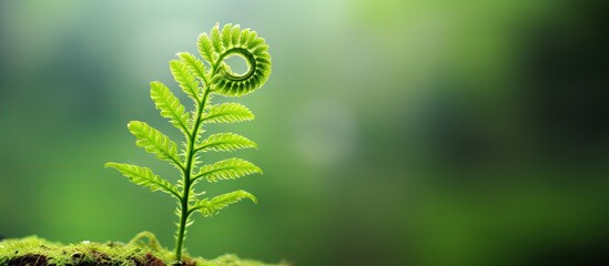 Aufkleber - Lush green fern sprouting from damp soil with vibrant blurred background showcasing soft bokeh lighting creating a tranquil natural setting
