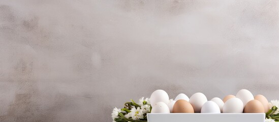 Poster - White eggs in a white container nestled on a light concrete background with soft tones and ample copy space for text or additional images.