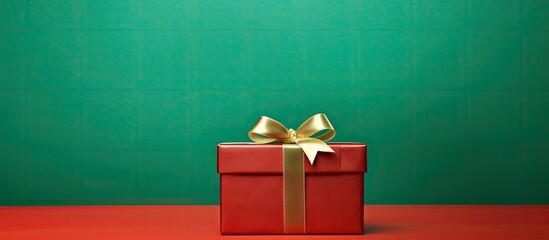 Poster - Red gift box adorned with a golden bow positioned centrally on a green textured background with a smooth red surface at the bottom.