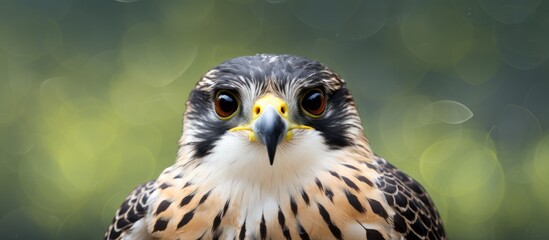 Poster - Aplomado Falcon close-up with sharp focus on the face, vibrant eyes, and soft bokeh background in shades of green and yellow, ample copy space.