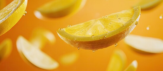 Poster - Floating lemon slices with water droplets against a vibrant orange background, creating a fresh and lively summer feel.