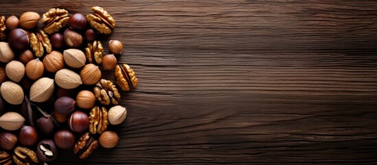 Aufkleber - Top view of assorted nuts including walnuts and pine nuts arranged on a rustic wooden table with ample negative space on the right for text or images
