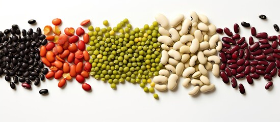 Aufkleber - Mixed variety of beans in a flat lay arrangement on a white background featuring colors of black, red, green, white, and beige in horizontal alignment