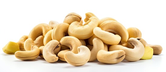 Aufkleber - Raw cashew nuts piled on a plain white background with soft shadows highlighting their creamy beige color and smooth curves in the composition