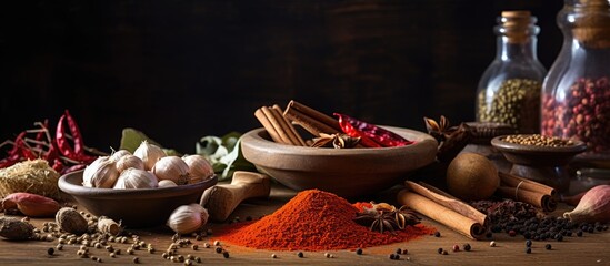 Poster - Colorful assortment of spices in wooden bowls with a mortar vibrant reds browns and greens set against a dark background ample text space