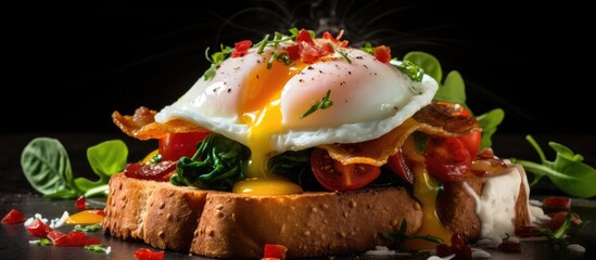 Poster - Deliciously plated poached eggs with vibrant toppings of spinach, tomatoes, and bacon on toasted whole grain bread against a black backdrop.