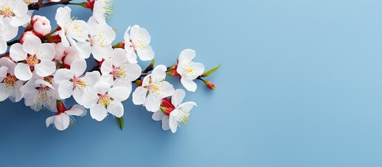 Poster - Delicate white cherry blossom branches with pink centers positioned on a soft blue background creating a serene and peaceful atmosphere.