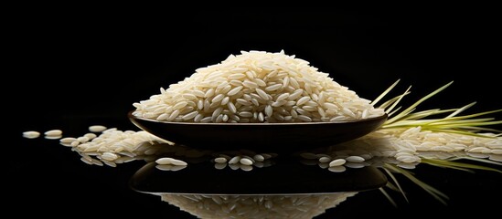 Poster - Rice in a brown bowl with a reflective black background, scattered grains and stalks positioned elegantly to enhance the composition and color contrast