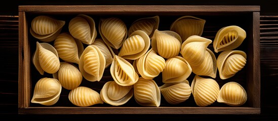 Poster - Close up of yellow raw pasta shells neatly arranged in a dark wooden box on a black wooden background with ample copy space for text