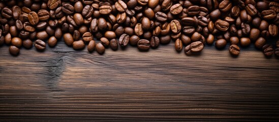 Poster - Rustic wooden background with dark brown coffee beans arranged along the top edge, leaving ample copy space for text below.