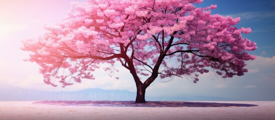 Poster - Blooming cherry blossom tree with vibrant pink flowers in sunny spring against a clear blue sky providing ample copy space for text usage