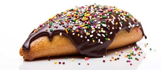 Poster - Chocolate covered fortune cookie draped in glossy dark chocolate and colorful sprinkles positioned on a clean white background with ample copy space