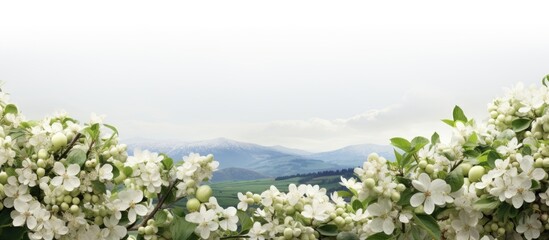 Aufkleber - White apple tree flowers in full bloom framing a serene landscape with soft green hills under a cloudy sky on a light background