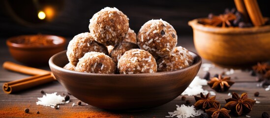 Aufkleber - Healthy energy balls in a dark wooden bowl, placed centrally, surrounded by spices like cinnamon and star anise on a rustic wooden table.