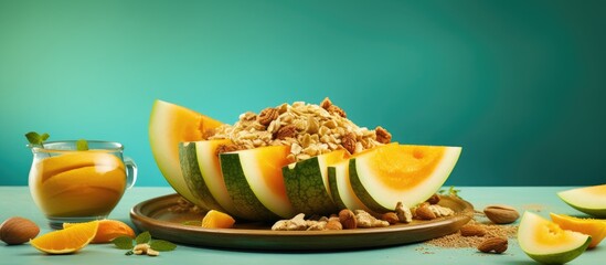 Poster - Colorful sliced watermelon with yellow fruit and nuts on a wooden platter, accompanied by a glass of lemon slices on a turquoise background.