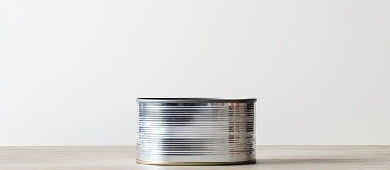 Poster - Closed tin can of preserved food on a neutral gray surface with white background, showcasing minimalistic design and ample copy space for text.