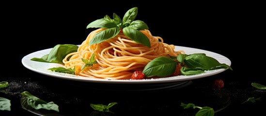 Poster - Spaghetti on a white plate with mint leaves against a black background highlighting the vibrant colors and textures in an elegant presentation