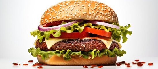 Poster - Juicy beef burger stacked with fresh lettuce, tomato, onion, and cheese on sesame seed bun with ketchup drizzles on a clean white backdrop.