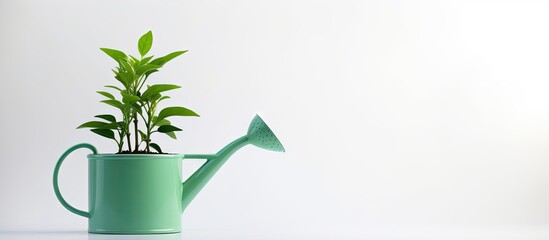 Poster - Green watering can filled with a young green plant positioned on the left against a bright white background with ample copy space on the right